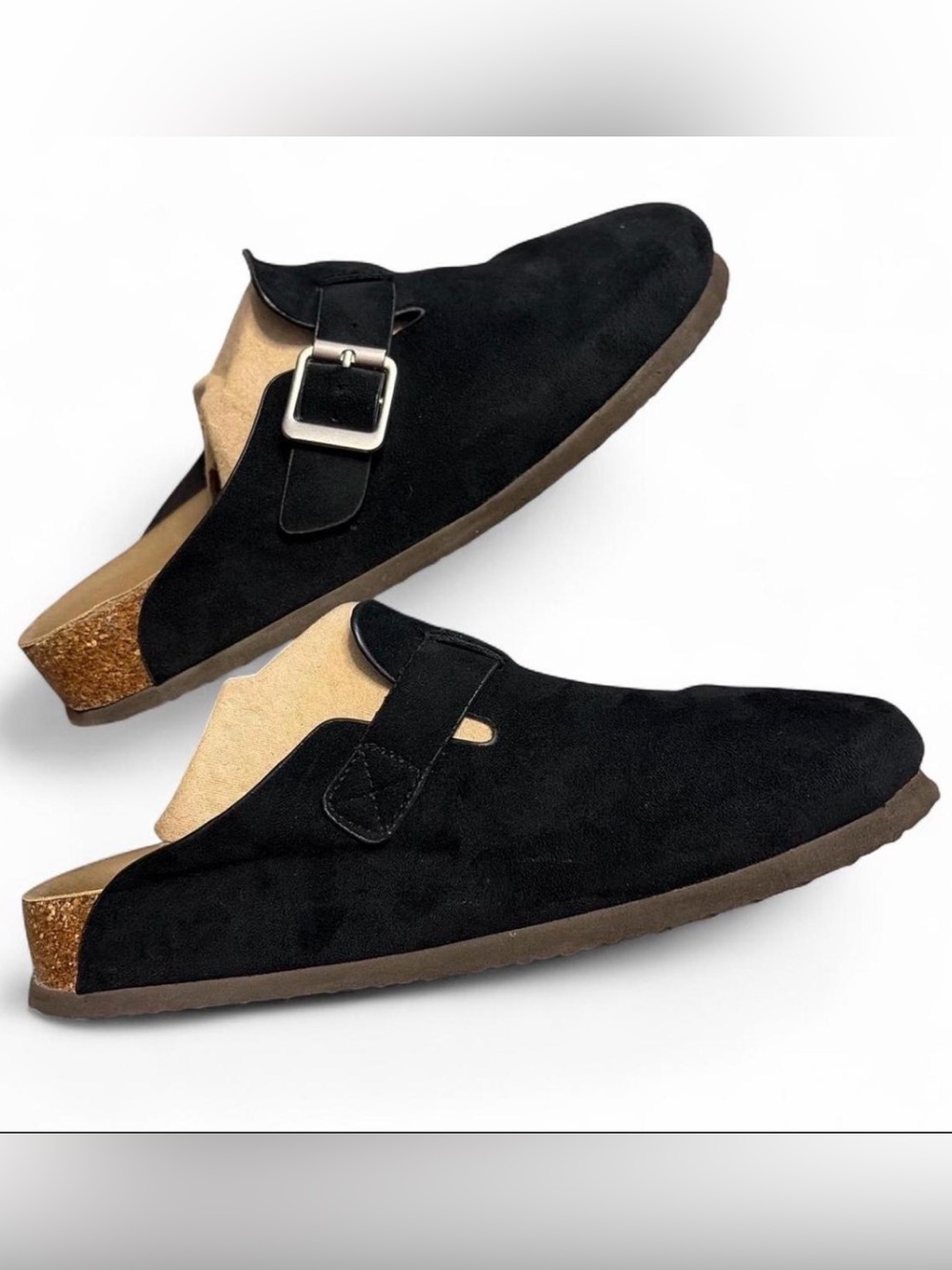 Women's Black Suede Slip-On Clogs with Buckle